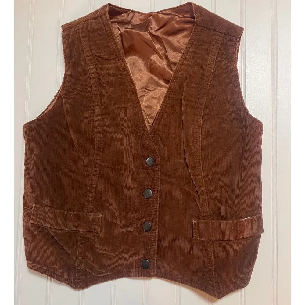 VTG Reversible Leather Suede Corduroy Vest Pointed Front Waist Coat Womens Small - Picture 5 of 8